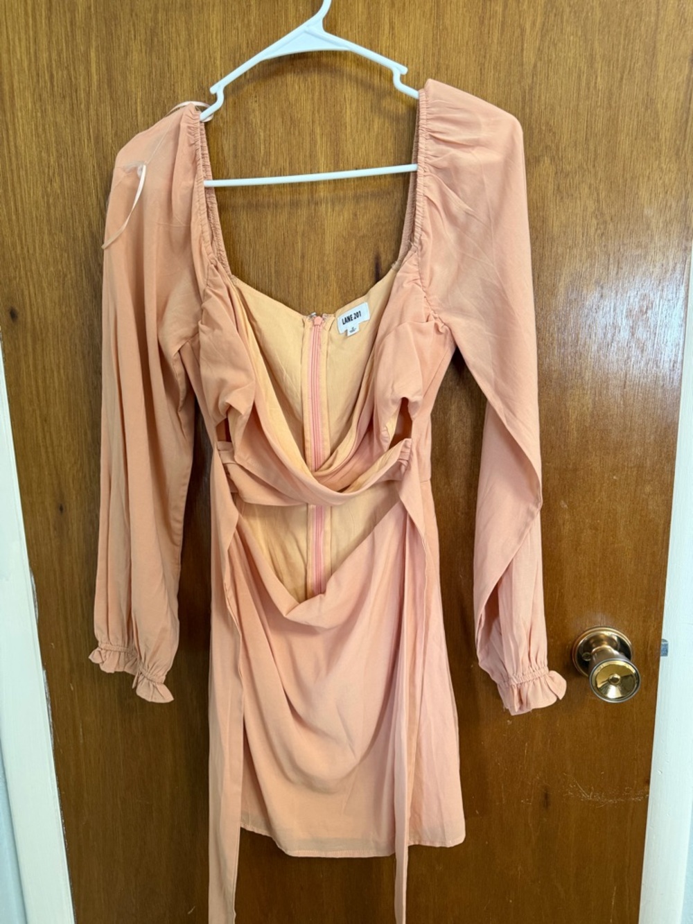 Peach Pink Long-Sleeve Draped Front Mini Dress